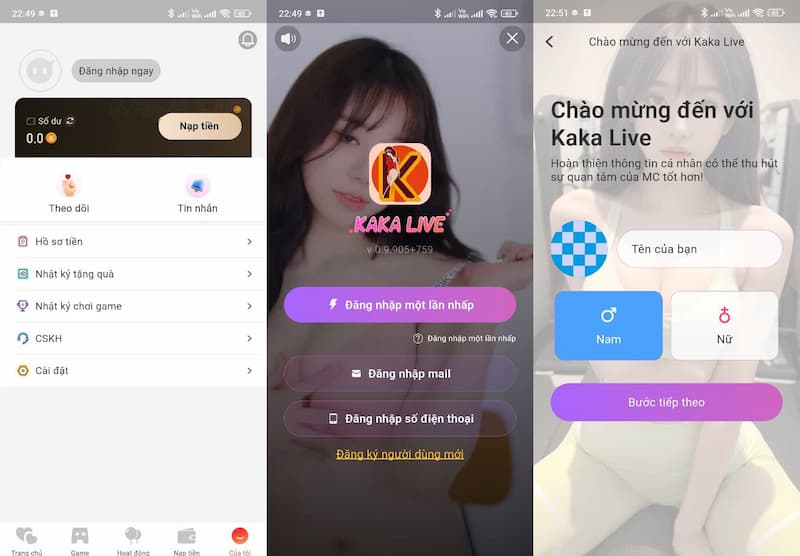 Chọn đăng ký tài khoản Kaka Live ngay trên màn hình app